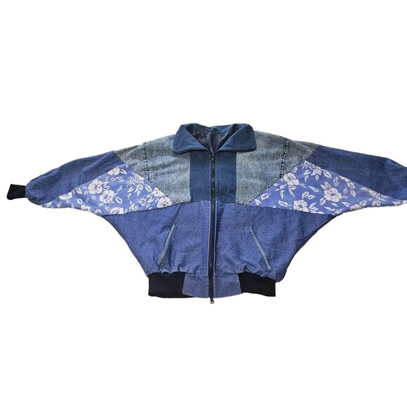 Retro Denim Bomber Jacket With Floral Accents, Size XL VINTAGE - Picture 4 of 14